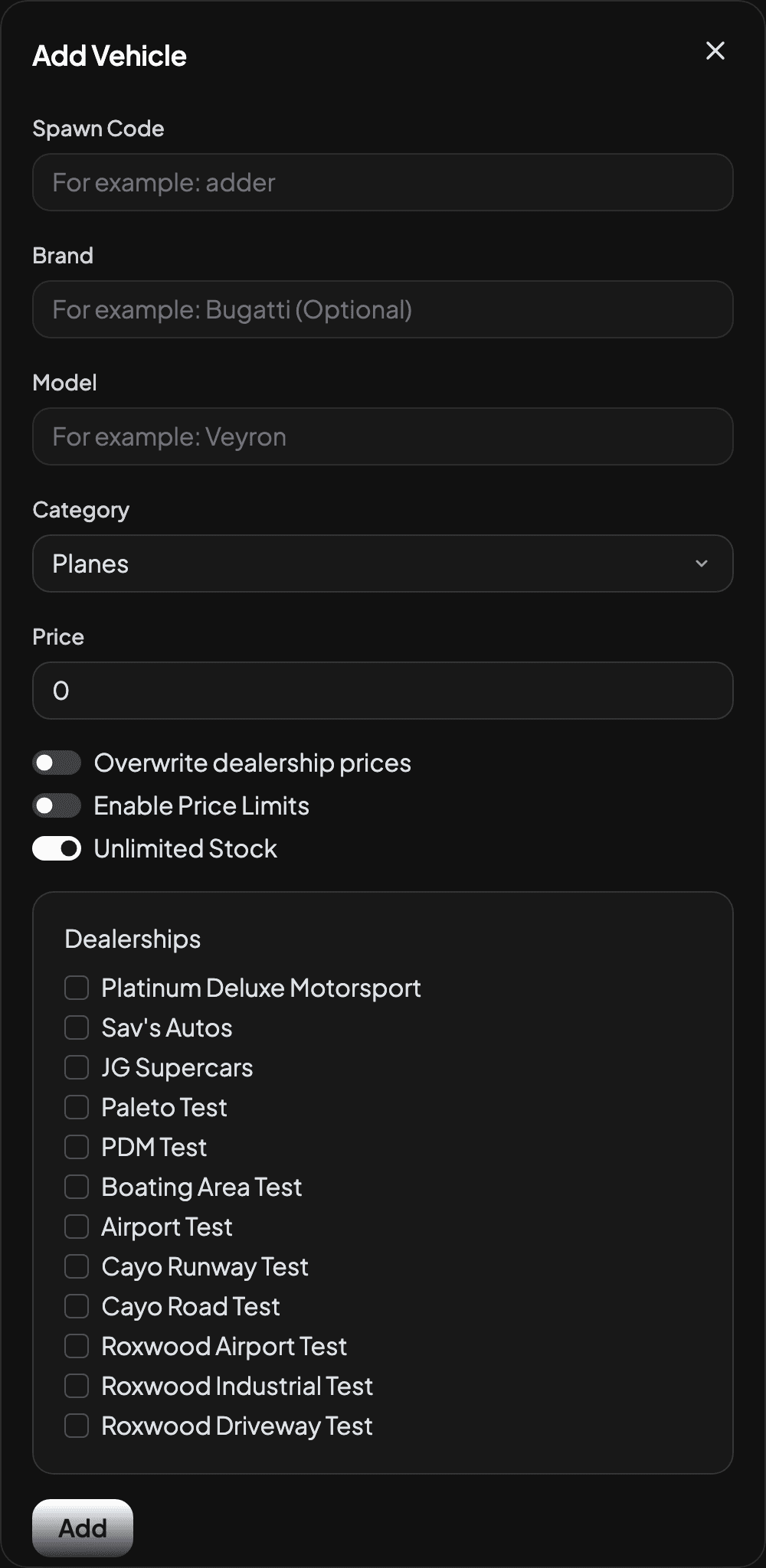 The Add Vehicle form showing the vehicle details, stock settings and dealership selection