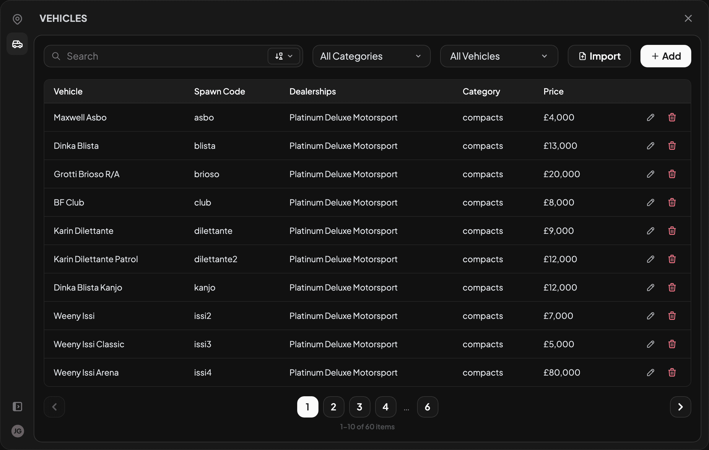 The Vehicles page in the dealership admin panel, with the Add button in the top-right corner