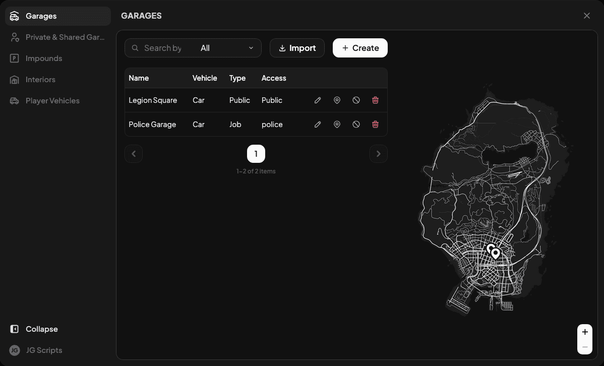 The garage admin panel showing location controls and the map