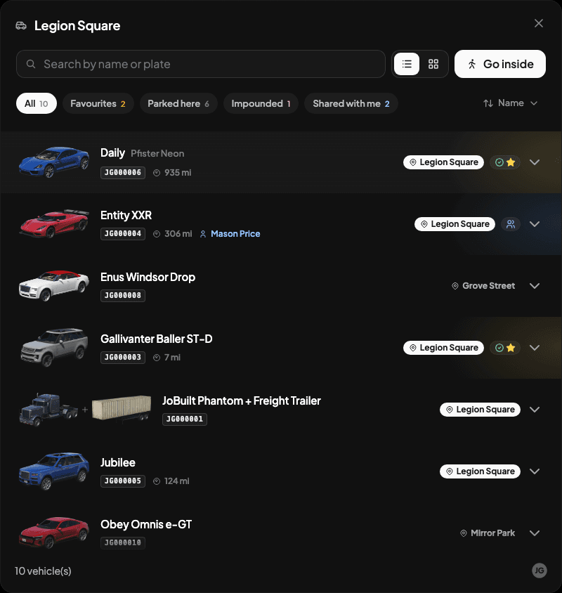 The garage menu showing vehicle filters, favourites and shared vehicles