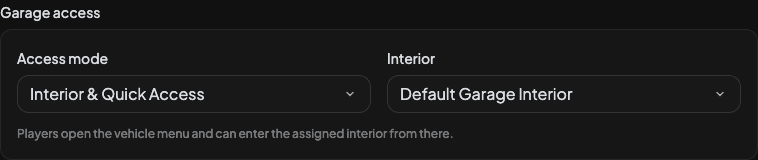Garage access settings with the access mode and interior selectors