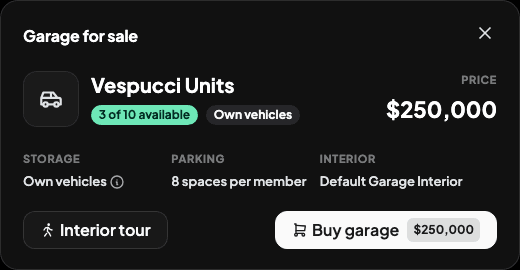 A garage advert showing the price, parking capacity, tour and purchase buttons