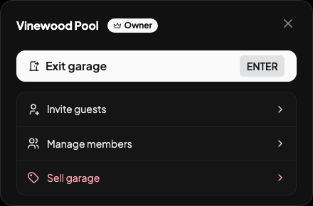 The garage owner's menu with exit, guest, member and sale controls