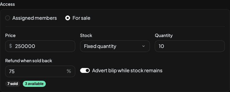 Private garage sale settings with price, stock, refund and advert blip options