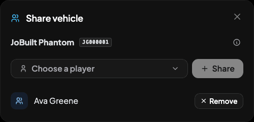 Vehicle sharing controls with an existing recipient and a Remove button